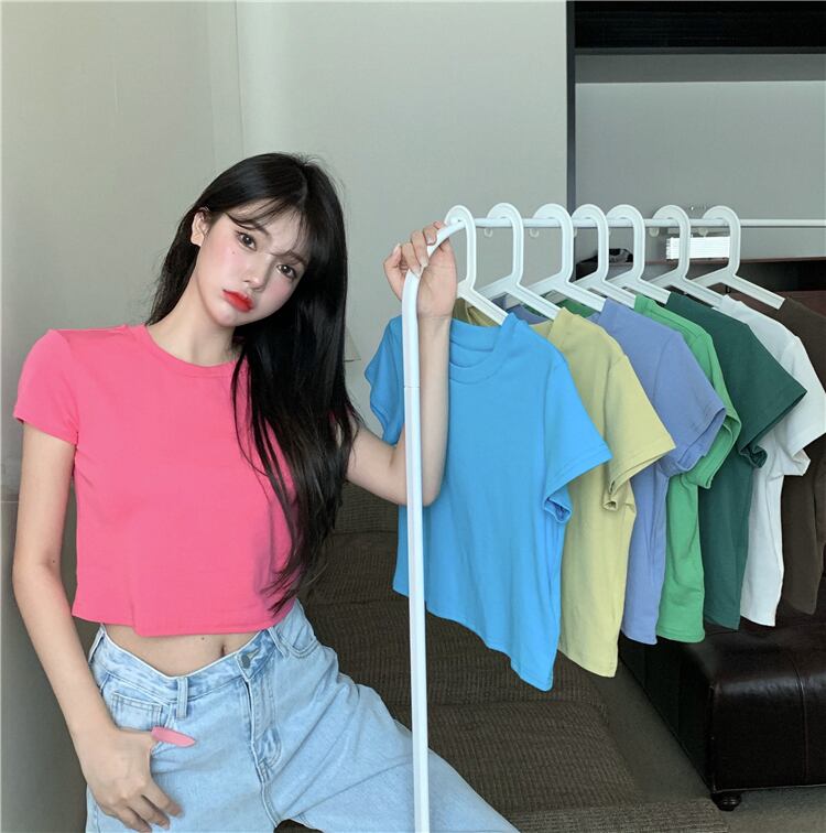 サマーショートハイウェストウェストレッドシャツ ソリッド カラーベーシックTシャツ 夏物 ソリッドカラー ドラファッションホール41060568750