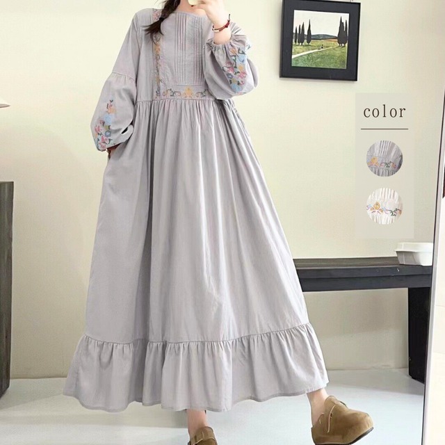 花柄刺繍アコーディオンプリーツワンピース W1707