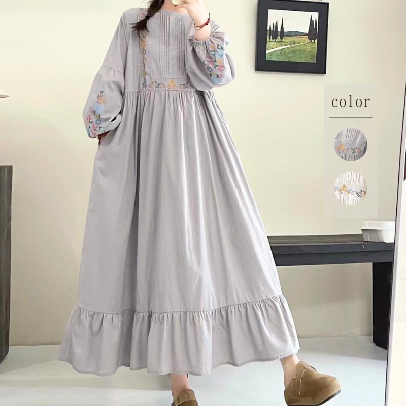 花柄刺繍アコーディオンプリーツワンピース W1707