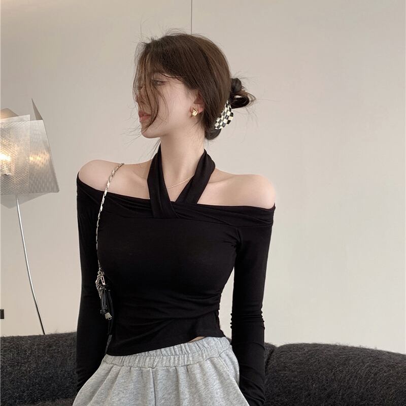 ストラップレススリムTシャツ オータムスタンダードショートブラックトップス ロング レトロ 秋物 ピュア YY-ファッション50541117884