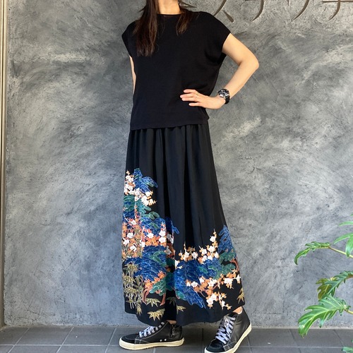 黒留袖リメイクギャザーロングスカート - kimono elastic waist skirt