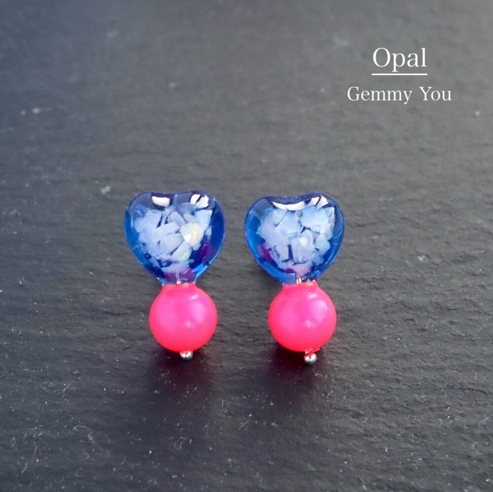 オパール BLUE ハートピアス ピンクボール 天然石 原石 ハンドメイド
