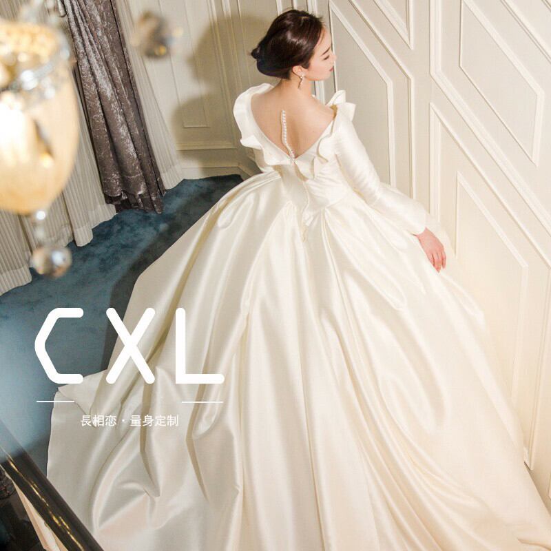 今季一番 ウエディングドレス 高品質 Vネックドレス 背中見せ クラシカル 光沢サテン ウェディングドレス