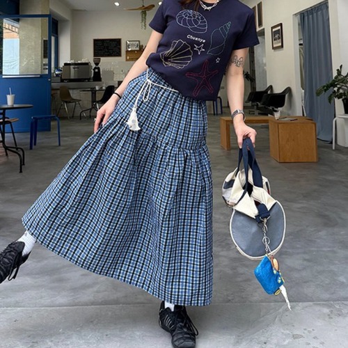 checkered pattern tiered long skirt　チェック柄ティアードロングスカート　J2072