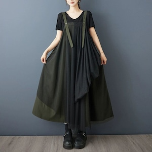 MESH LAYERED A-LINE LONG STRAP JUMPER DRESS 2colors M-14155