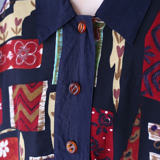 flower and geometry art pattern double pocket over silhouette shirt