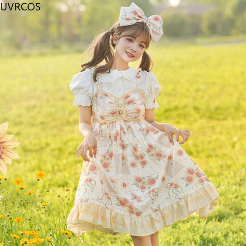 ロリータJskドレス女性夏の甘いひまわりプリントフリルパーティー 