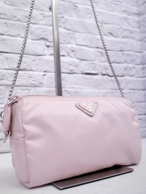 希少色◆PRADA プラダ ナイロンxサフィアーノレザー クロスボディ チェーンショルダー バッグ ポーチ ポシェット ピンク◆クロスボディ仕様