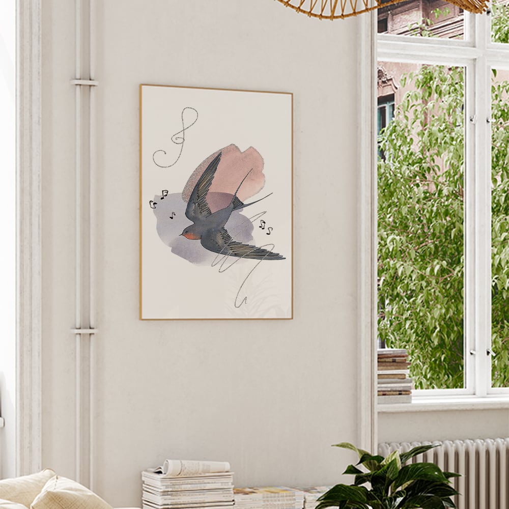 ツバメのポスター / i1342 / 花や音符の水彩画の背景につばめが飛ぶ