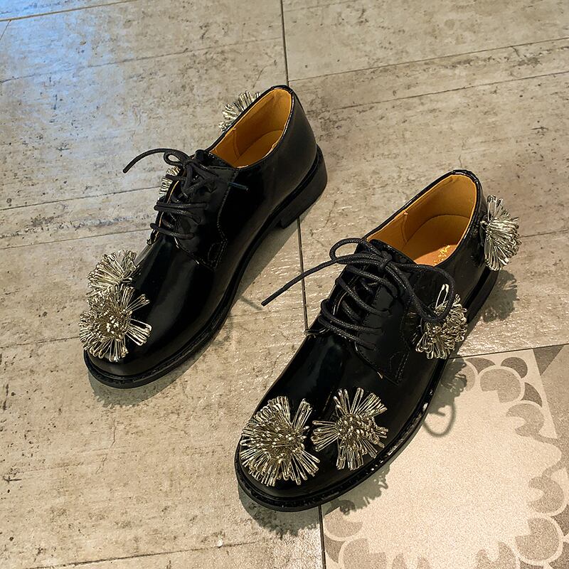 シングルレッドカジュアルブラックレザー 靴 シューズ フラワーデザイン 部族の婦人靴81585708290