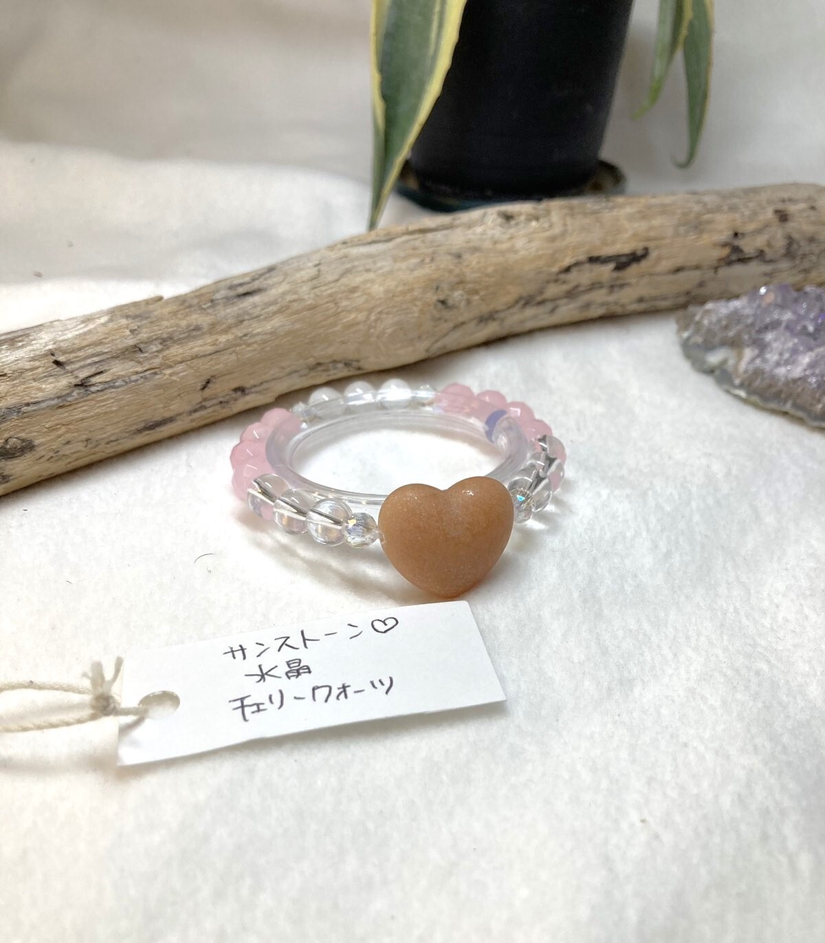 H-B030 ｻﾝｽﾄｰﾝ(♡)＋水晶＋ﾁｪﾘｰｸｫｰﾂ ブレスレット | handmadeshop Orca 