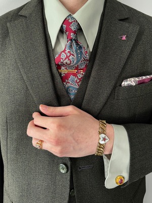 [3PIECE] tie pin & lapel pin & cufflinks / wine stone × gold