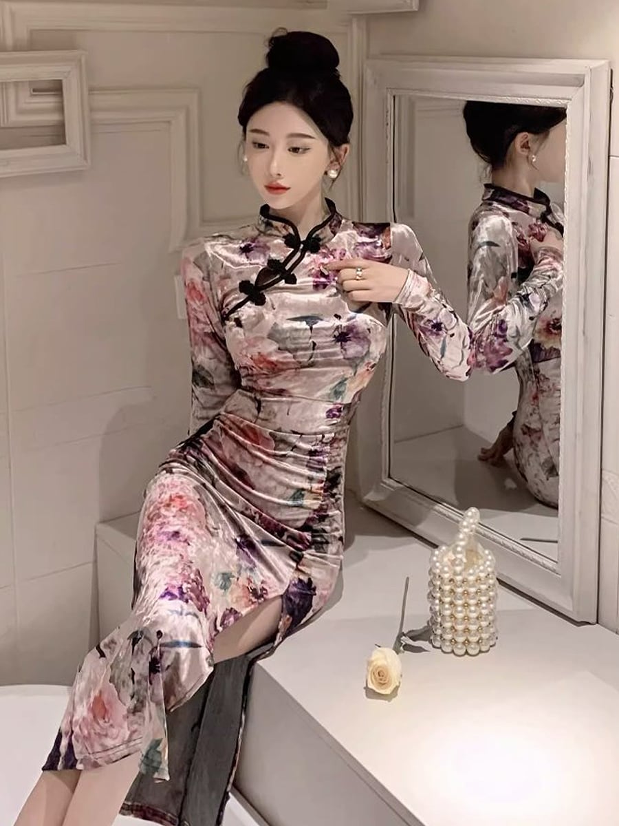 ベロアレトロ花柄チャイナドレス ベルベット ベロア 花柄 チャイナ  