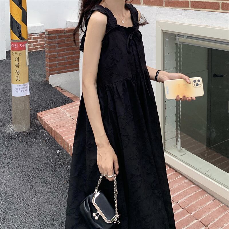 ダークブラックドレス サマーロングスカート リボン 夏物 萌量不足79806816648