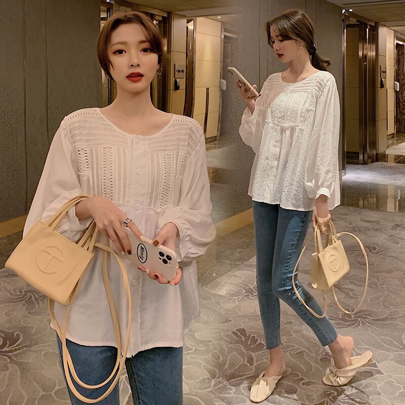 【新作】【送料無料】 1002＃2021春夏ホワイトコットンマタニティブラウスラージサイズルーズシャツ服妊婦妊婦チュニックトップス 大きめサイズ スプリング 春物 サマー 夏物 AL expec494044687270