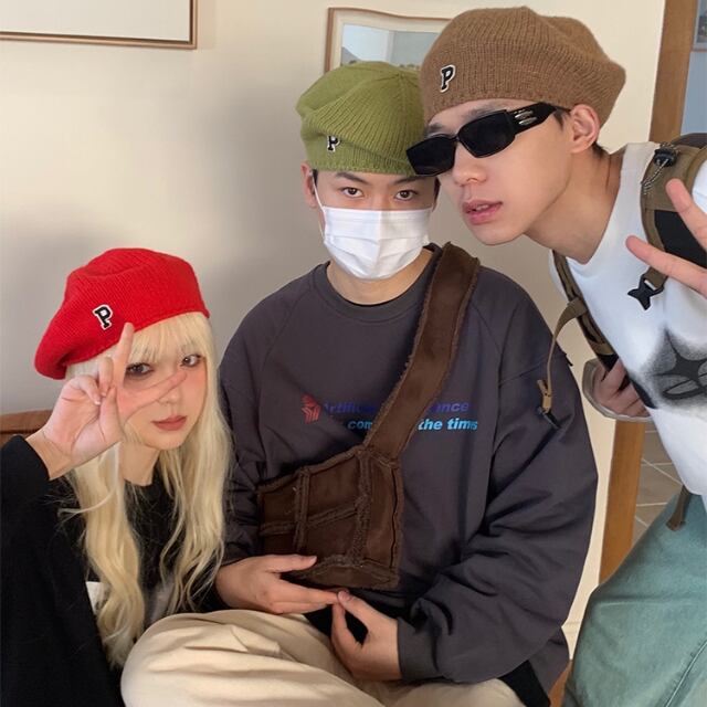【予約販売】ベレー ベレー帽 メンズ 帽子 ハット ニット P 防寒 防風 暖かい ブラック/グリーン/レッド/ブラウン お洒落 韓国 トレンド
