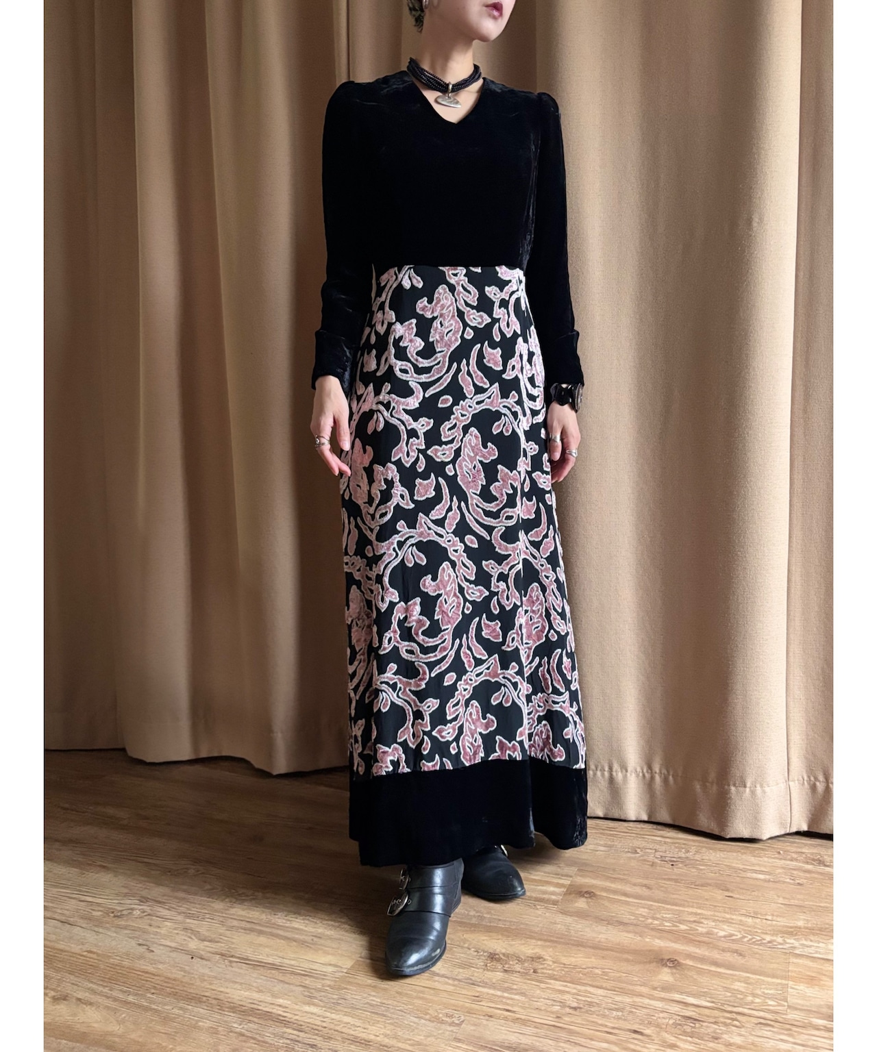 MADE IN FRANCE artistic velour long dress-5048-10