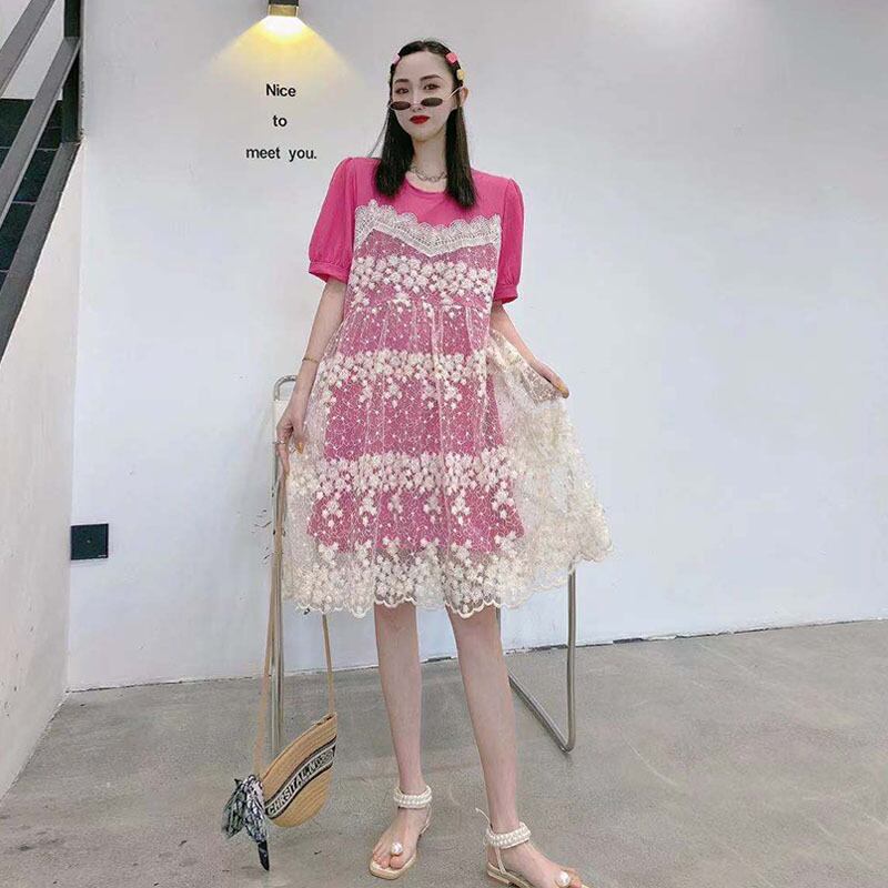 サマーラウンドネックレースドレス 大きめサイズ 大人ガーリー スウィート キュート カジュアル 夏物 Oネック ミックスインファッション18818655467