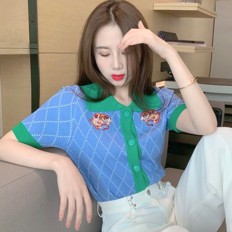 スタイルニットセーター レディースカラースリムクロップドトップス レッド 刺繍 ハンチェンe1760709821