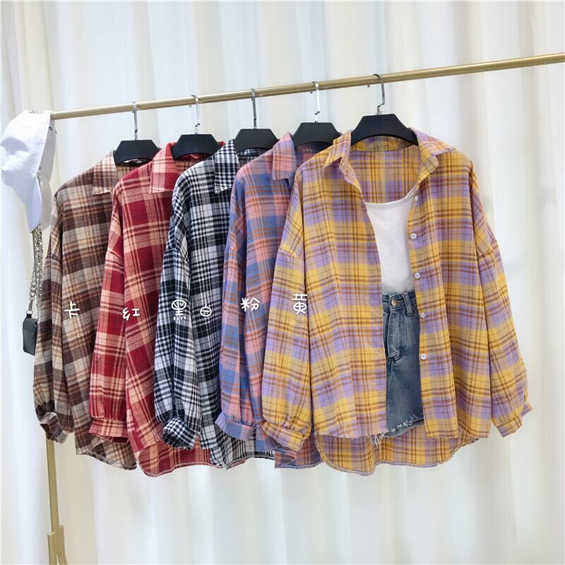 2020年夏の新しい格子縞のシャツの女性レトロな香港スタイルの長袖のゆったりとしたカジュアルな学生シャツのトップトレンド YY-ファッション90103401506