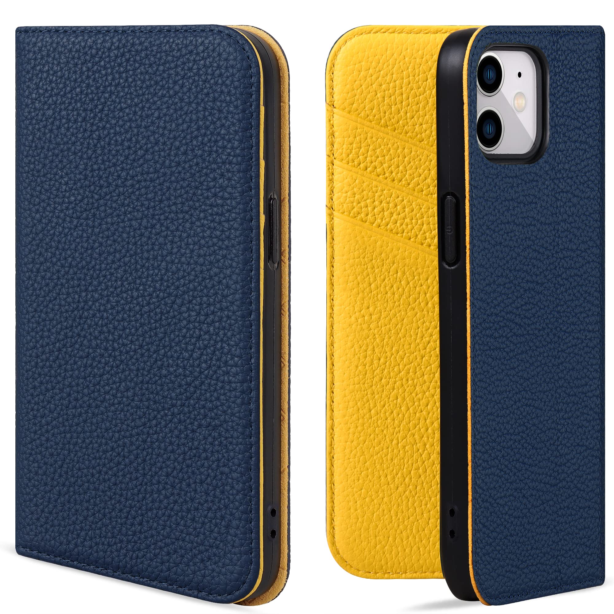 VISOUL iPhone 13 mini ケース手帳型 本革 アイフォン13ミニ ケース 手帳型 レザー スマホケース カード収納 携帯ケース 全面保護 マグネット 横置きスタンド機能付き アイフォン 13 ミニ ケース 対応 5.4インチ シュリンクレザー アイホン13 mini ネイビー レモン