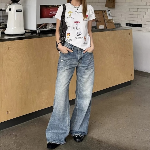 スターモチーフポケットウォッシュドワイドデニムパンツ 1col R02278