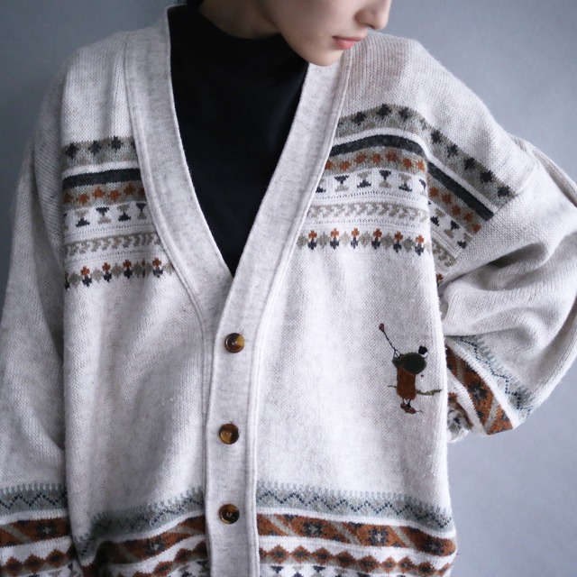 one point "和" motif human embroidery design geometry pattern loose silhouette 5b cardigan（made in italy）