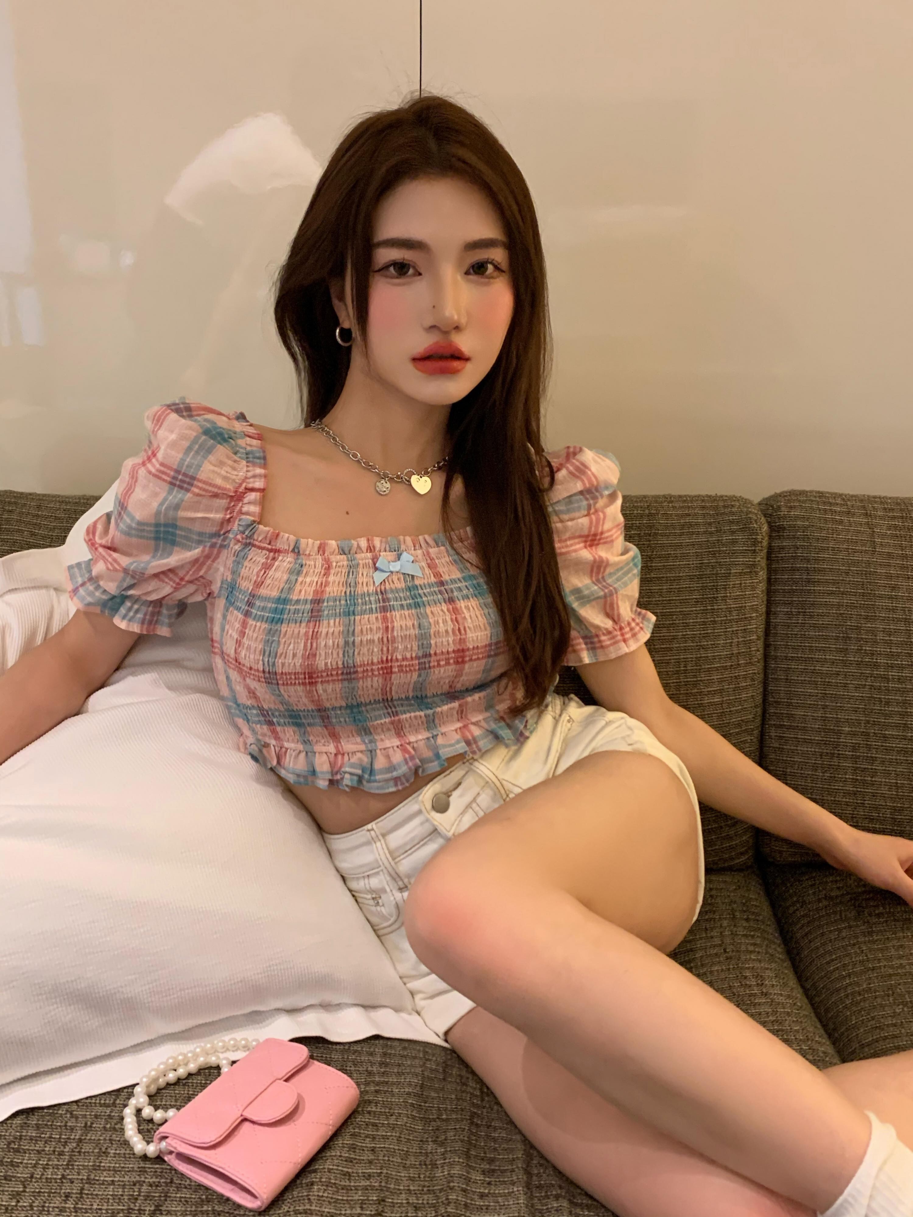 スリーブ格子柄シャツ サマーショート半袖トップス ハーフスリーブ 夏物 ブラックストロベリース83263174968