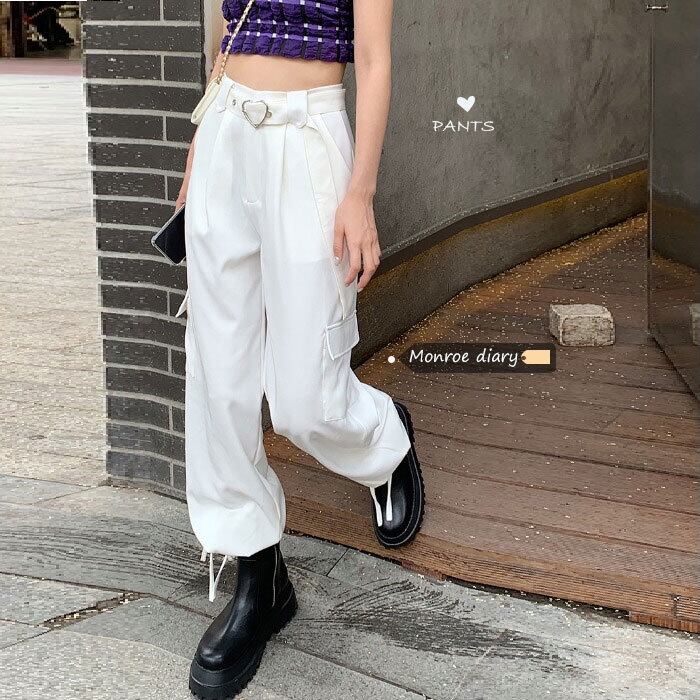 ホワイトカジュアルオーバーオール サマーハイウェスト薄手スタイルルーズ 夏物 モンロー62244293037
