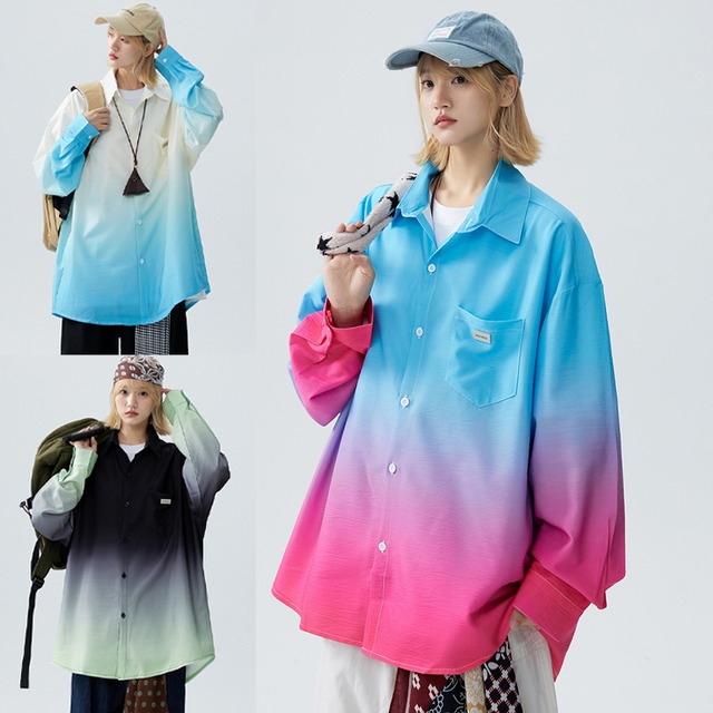 ✿秋新作！【藤伊曼シリーズ】★シャツ★ 3color トップス 長袖シャツ 男女兼用 メンズ レディース 大きいサイズ グラデーション