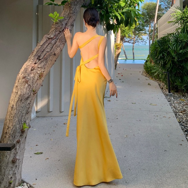 【SummerVacationシリーズ】ワンピース ワンショルダー サテン イエロー S M L