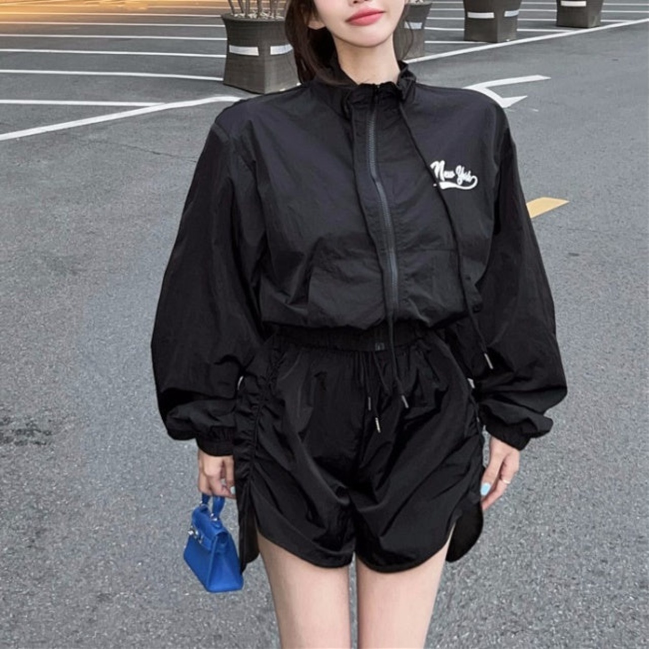 セットアップ レディース 韓国 秋 ナイロン ジャケット ショートパンツ 