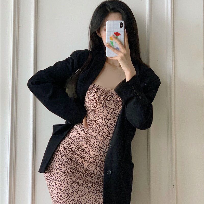 スプリングレオパードプリント柄ドレス カラースカート ブラックジャケット ピンク 春物 YY-ファッション5629773213