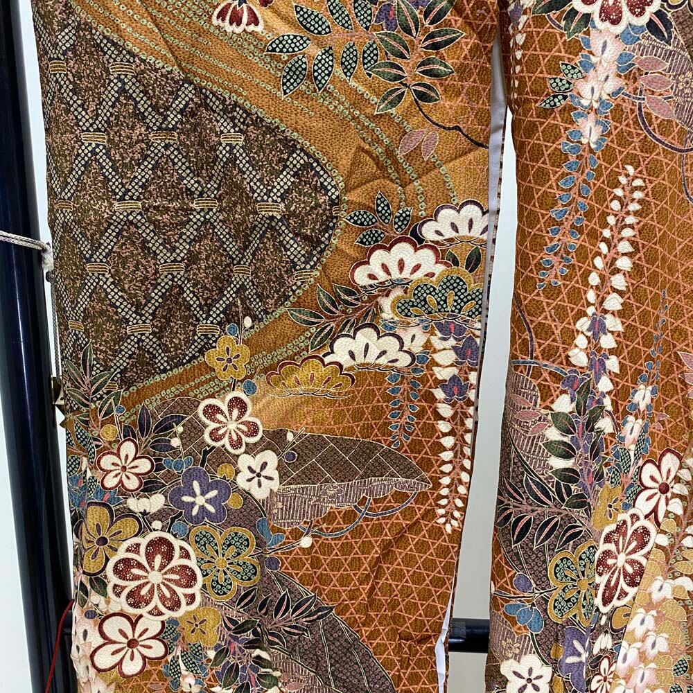 振袖 中古 ブラウン 茶 正絹 古典 裄65cm 身丈171cm 美品 M サイズ