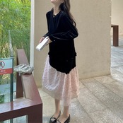 Black Velvet Patchwork Long Dress 5019