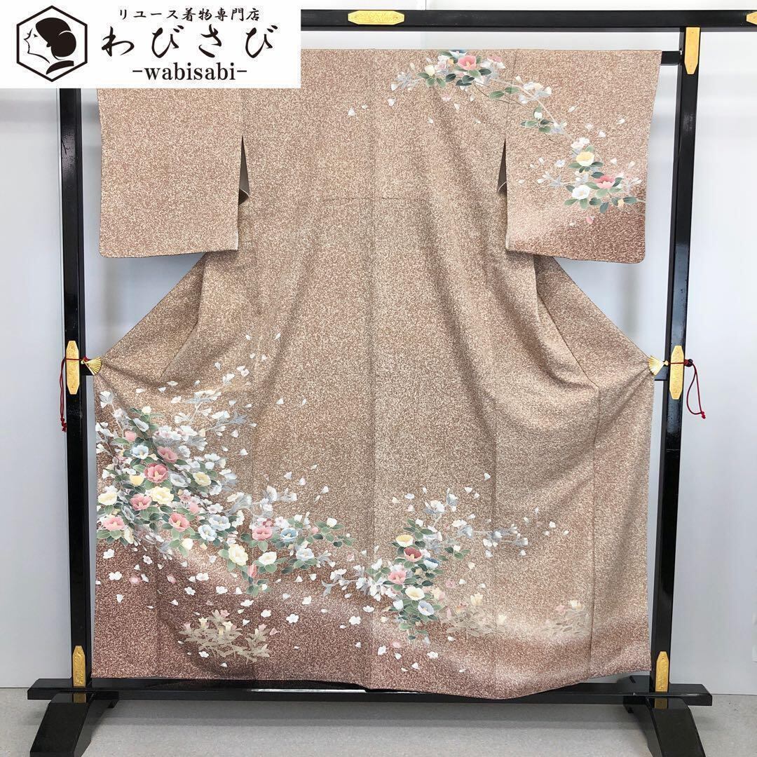 訪問着 四季の花模様 叩き染 友禅 暈し 浜ちりめん 小鹿色 K-3593  