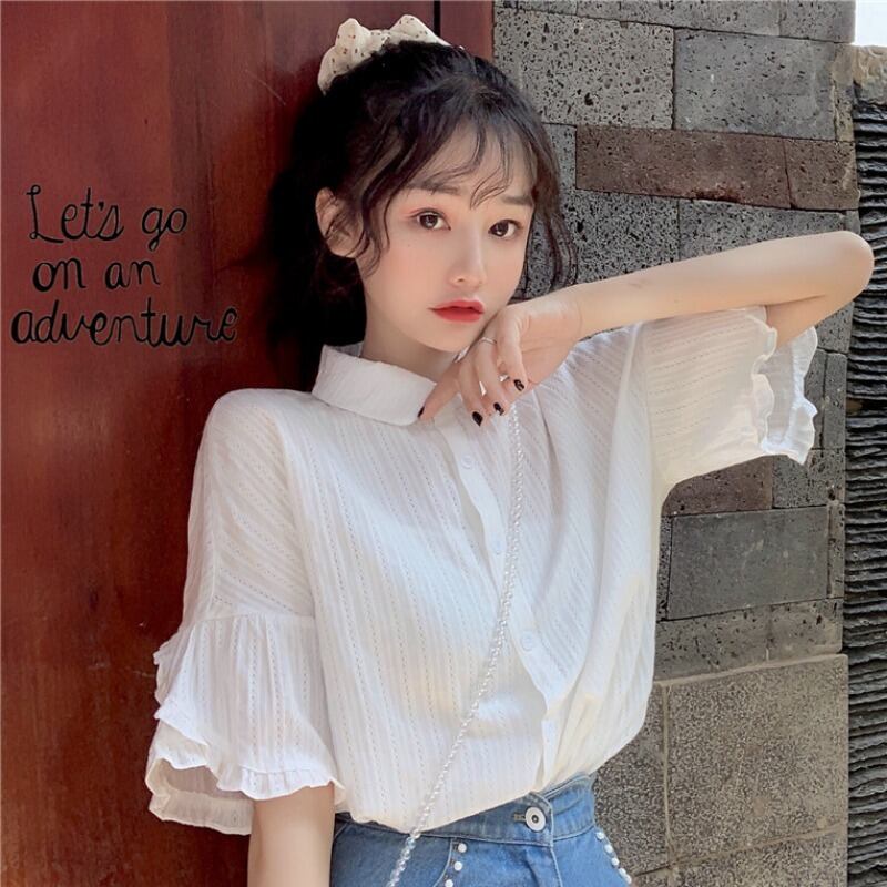 トップ女性の2020年夏のデザインセンスニッチライト成熟したレースフックフラワーアウターウェア白いシャツフリル半袖シャツ 1号婦人24355383251