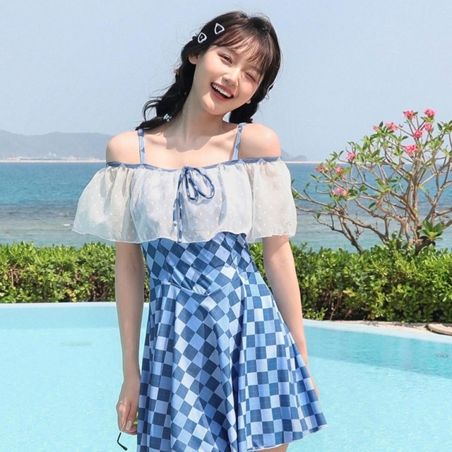 ガーリー ワンピース水着 ギンガムチェック 体型カバー