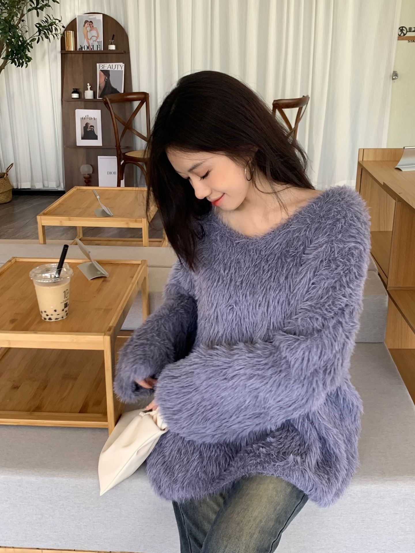 5カラー> シャギーニット トップス セーター プルオーバー 長袖 V