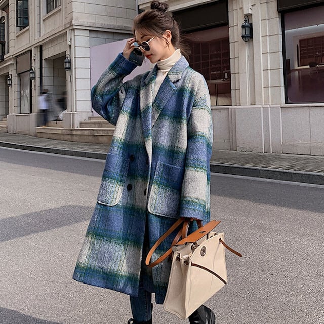コート レディース チェスターコート 冬コート ウール チェック柄 アウター ミドル丈 防寒 おしゃれ こなれ感 ベーシック 秋冬 ブルー S/M/L