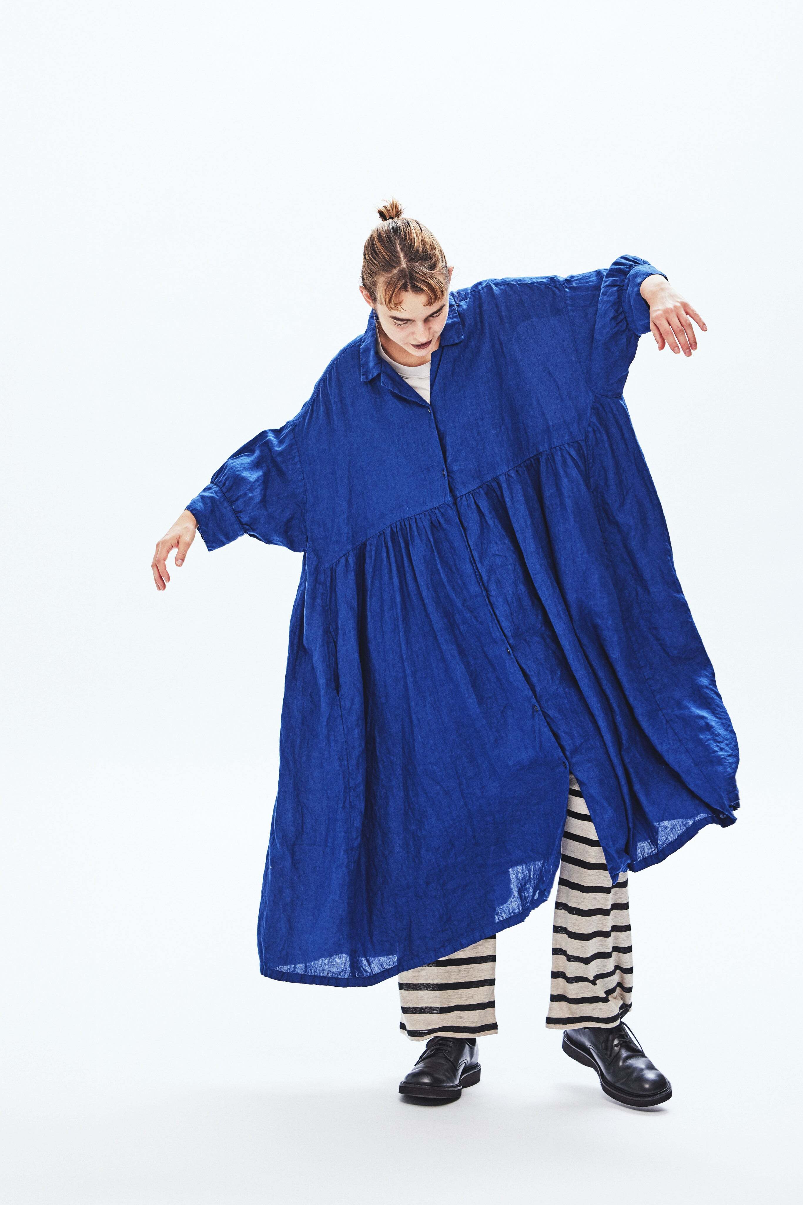 Honnete】オネット lady's Open Collar Gathered Dress | nuno
