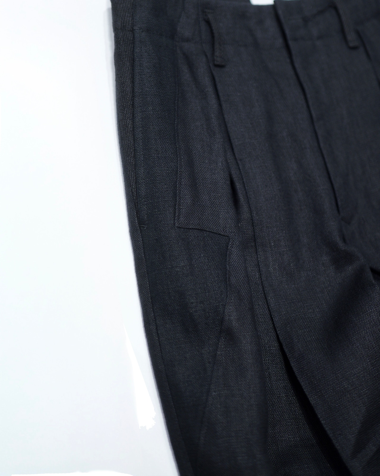 i’m here - Linen Wide Pants :Black|3種リネン切替/ワイド/“だまし絵”前立て