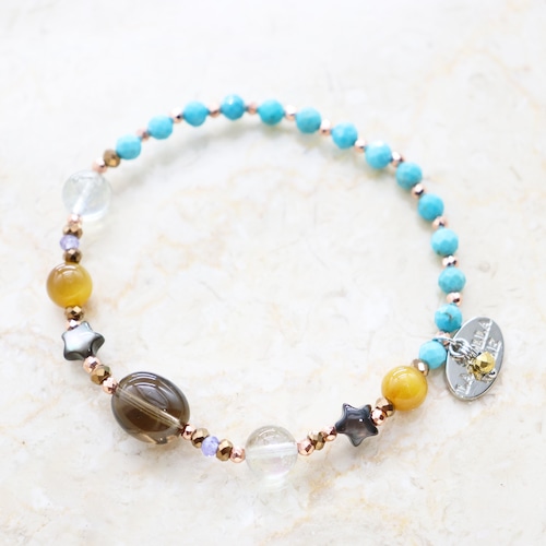 【Be Loved Turquoise】スモーキークォーツ×ターコイズ×アクアマリン×ターコイズ ブレスレット