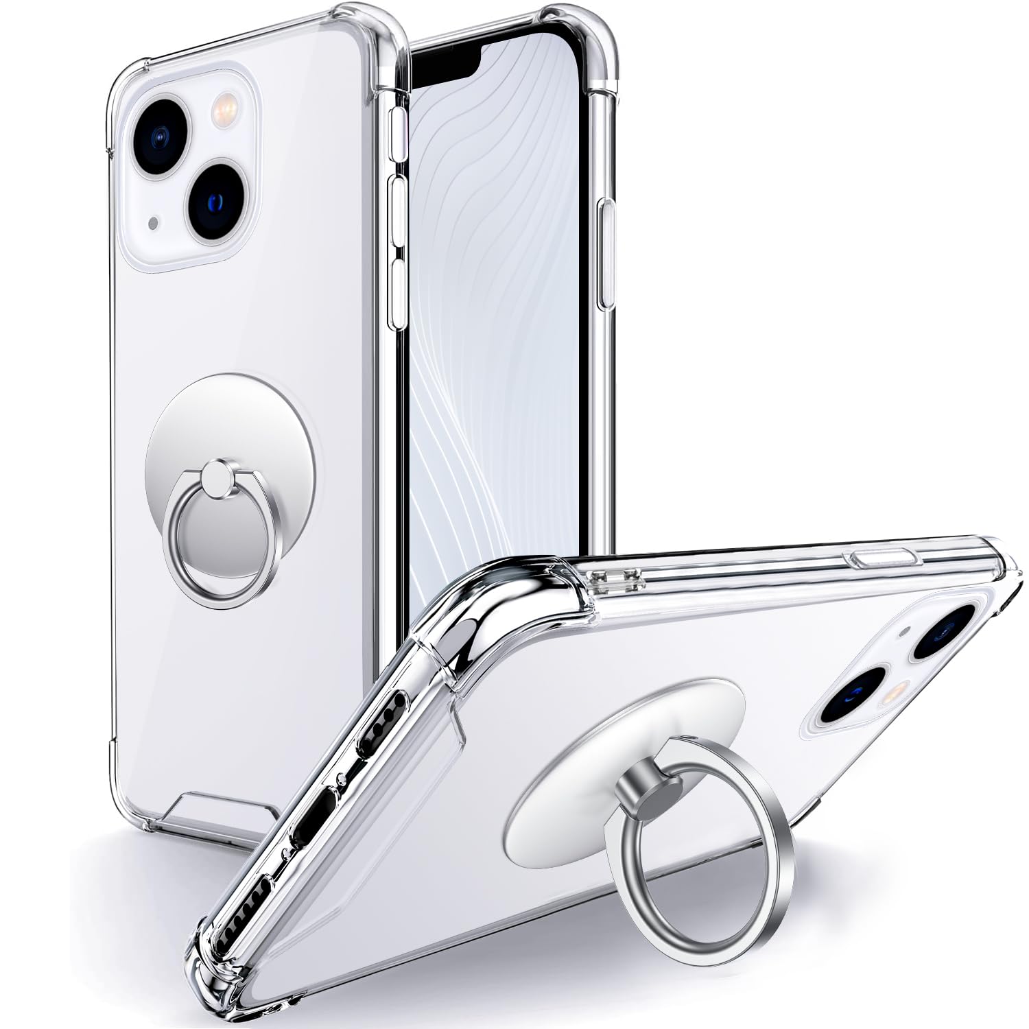 【努力特価】Rockaway 互換性 iPhone 13用 ケース リング付き 耐衝撃 耐久 すり傷防止 滑り止め スタンド機能 軽量 薄型 クリア TPU 透明 スマホケース アイフォン13 用カバー 6.1インチ - クリア
