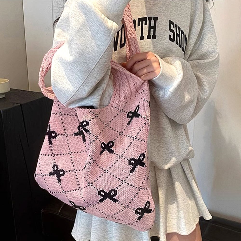 リボン柄 ニット トートバッグ レディース 韓国 大容量 大人 かわいい おしゃれ 通勤 通学 エコバッグ 折り畳み 軽量 A4 きれいめ カジュアル 大人可愛い 大人女子