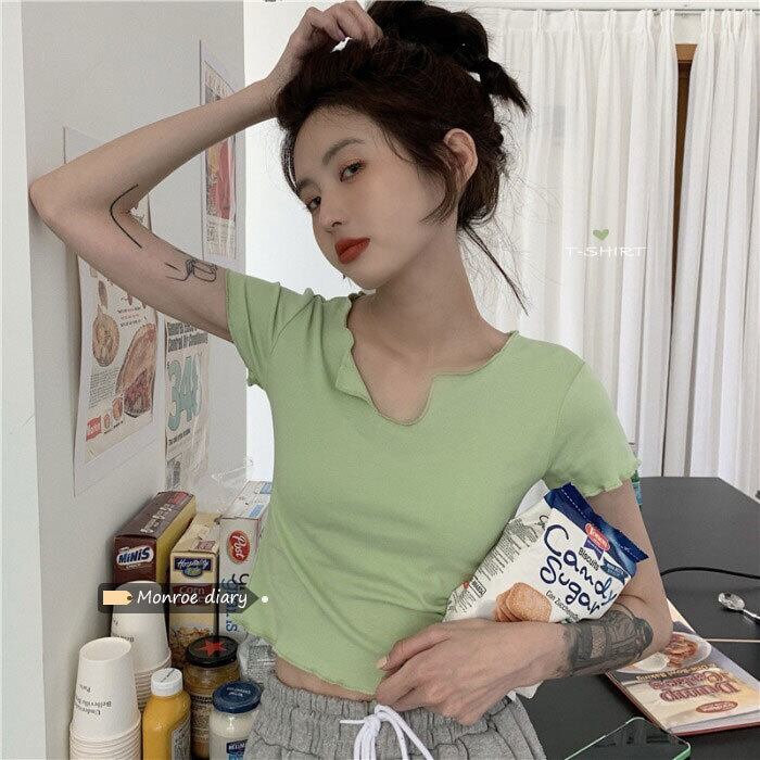 グリーンTシャツ Vネックショートサマートップス ドレス 夏物 モンロー41156870154