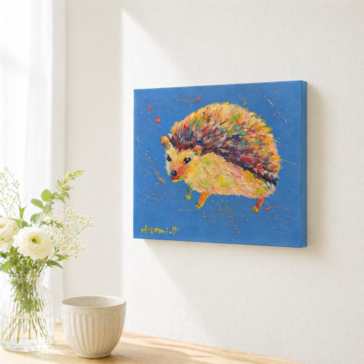 カラフルなハリネズミの原画　F3号キャンバス 絵画　現代アート　手描き A-99/26】原画 絵画 動物画 ハリネズミ カラフル キャンバス 真作