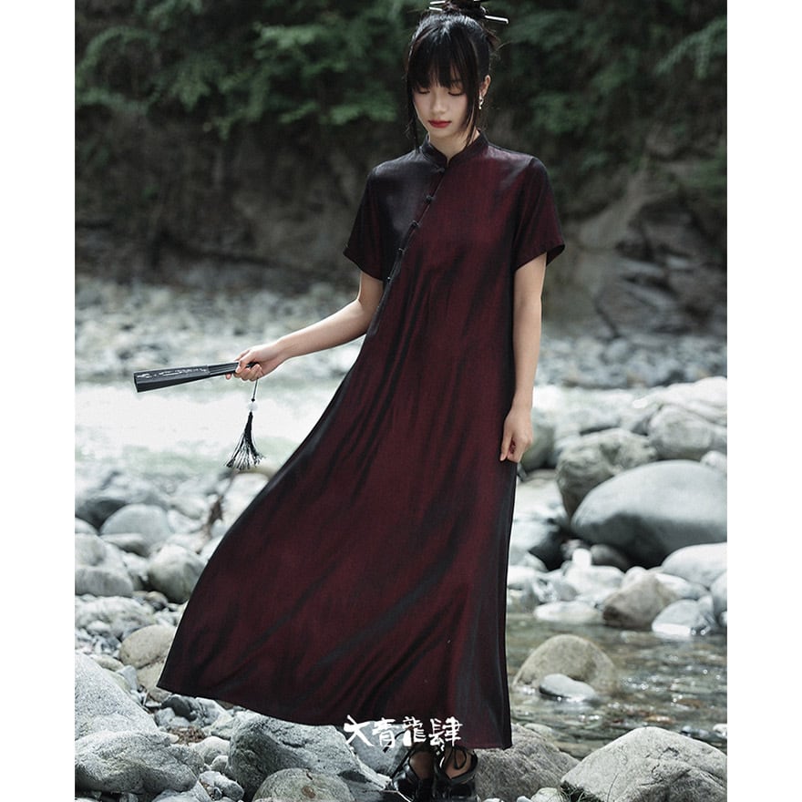 中華ゴシック チャイナ服 中華服 チャイナドレス ノースリーブ ブラック 刺繍 大青龍肆 夏服 20代 30代ファッション