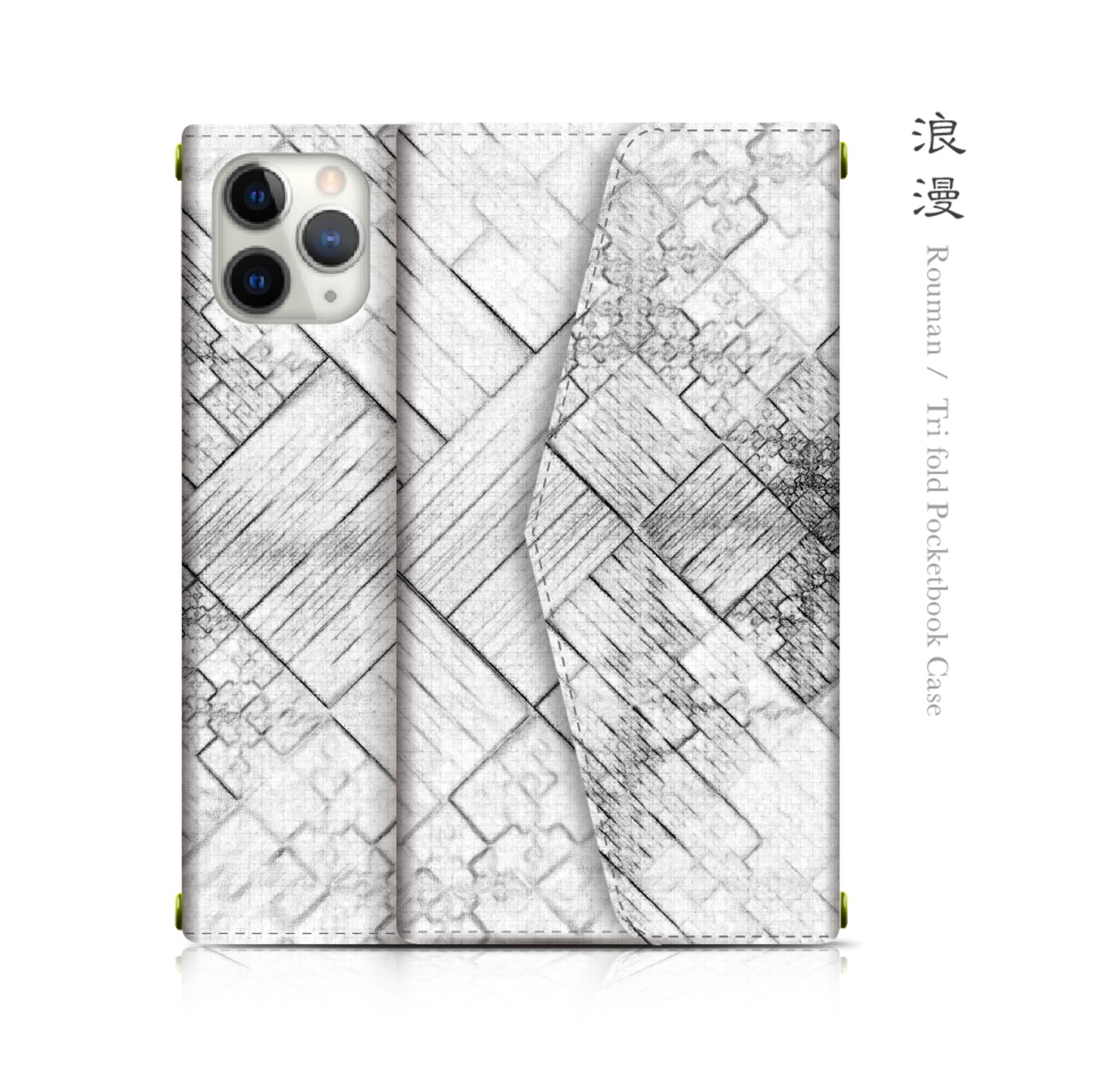 浪漫 - 和風 三つ折り手帳型iPhoneケース【Monochrome Kyoto】