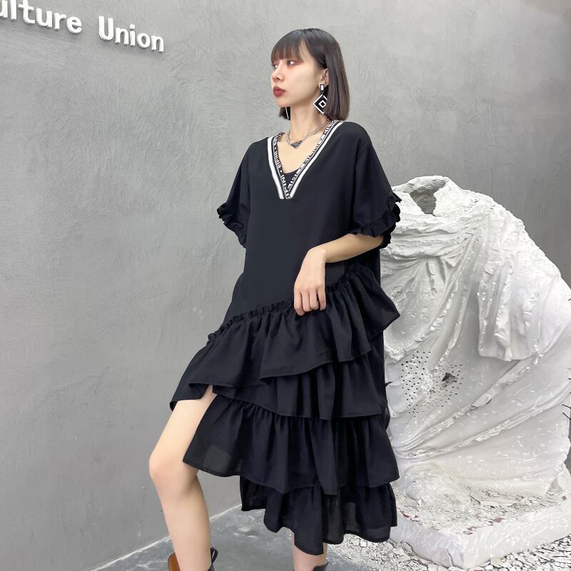 ブラックドレス サマーVネックスカート ルーズ薄手 夏物 ラブタオタオダレンハウス39031746024